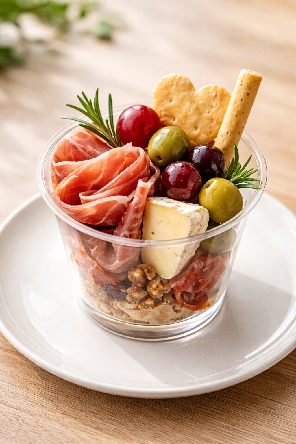 Close-up of a single charcuterie cup with prosciutto, cheddar, brie, grapes, and olives on a clean plate