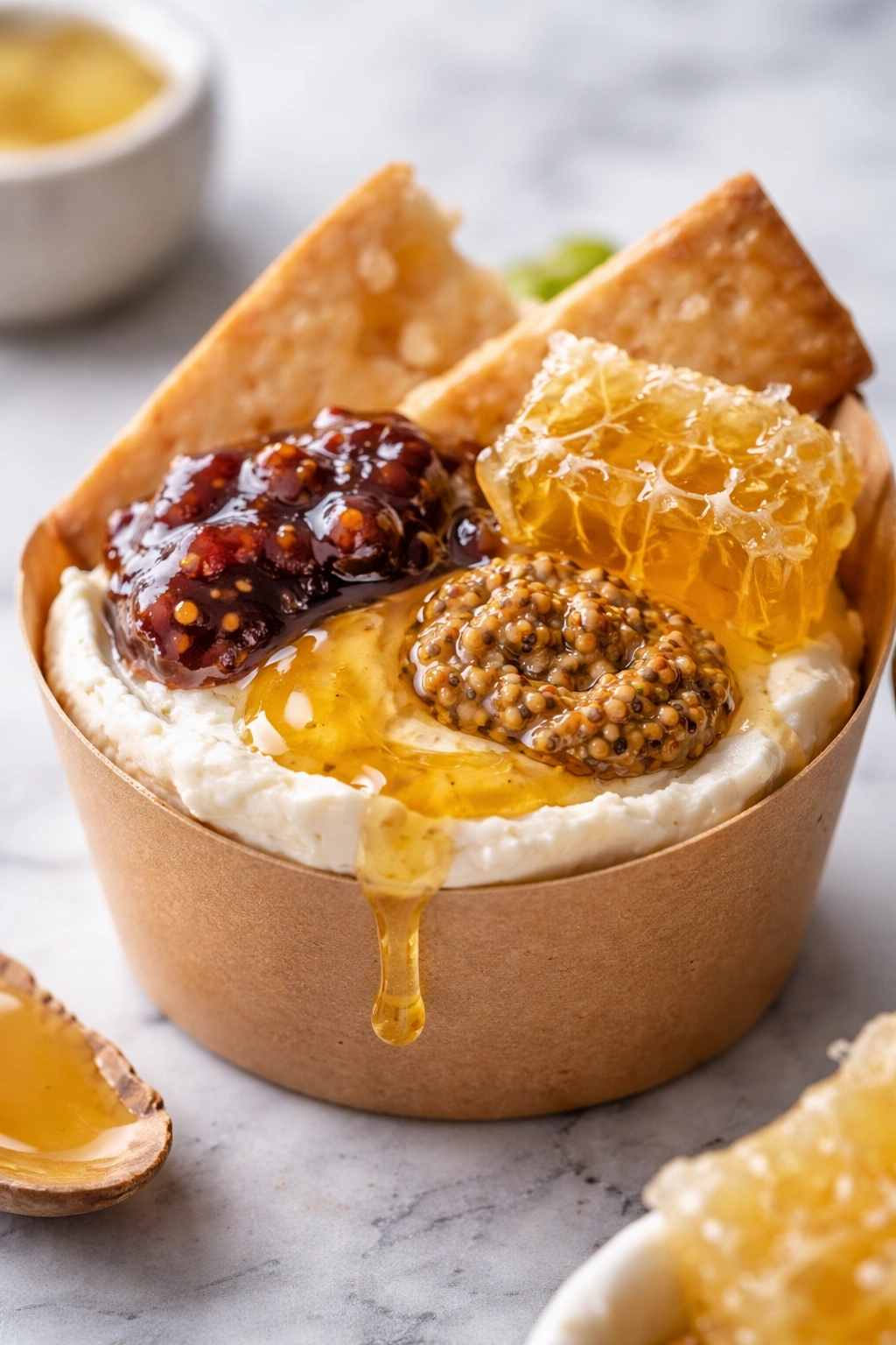 Close-up of a charcuterie cup with cheese base, honey, fig jam and mustard on a marble surface