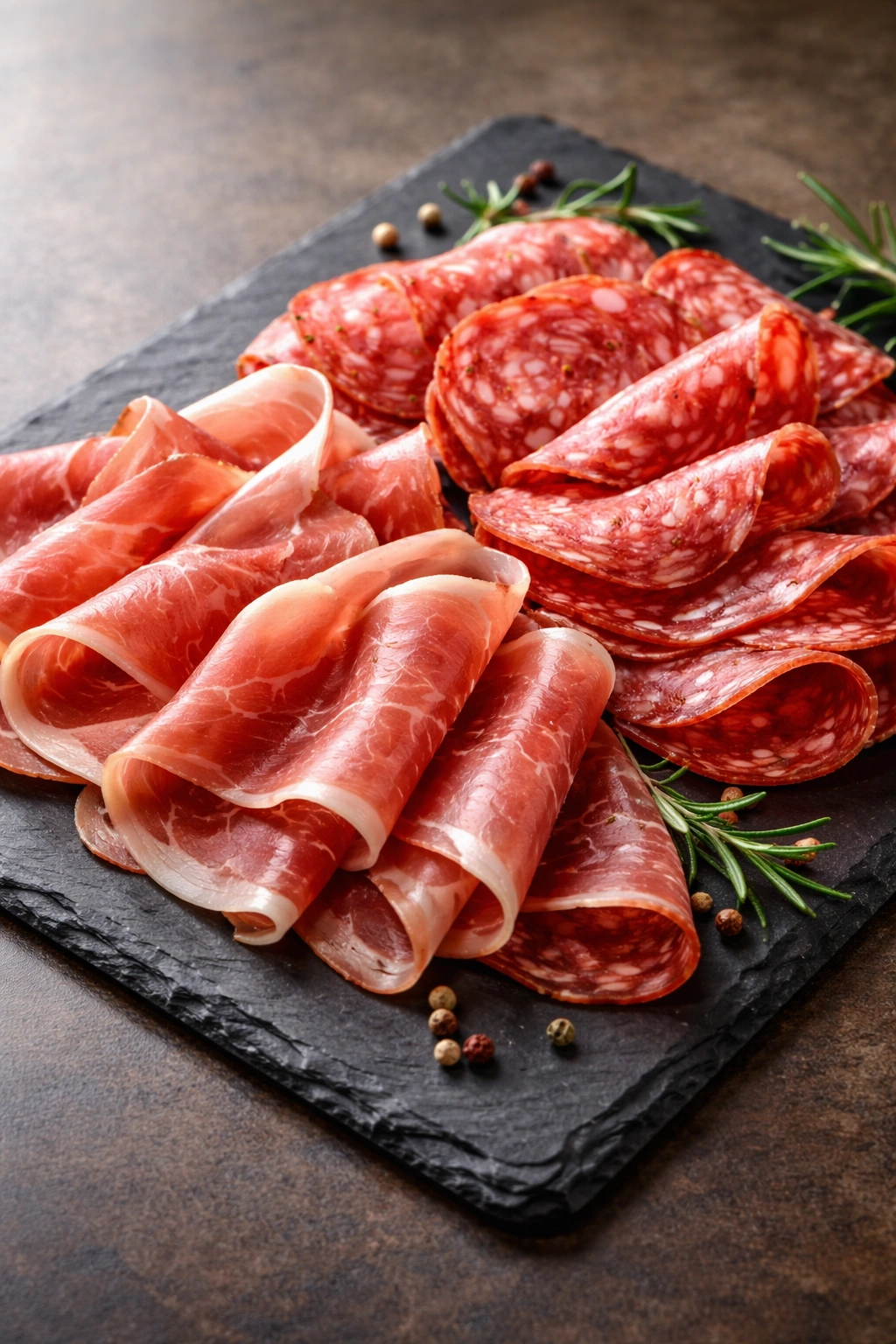 Thinly sliced cured meats arranged in loose folds on a dark board