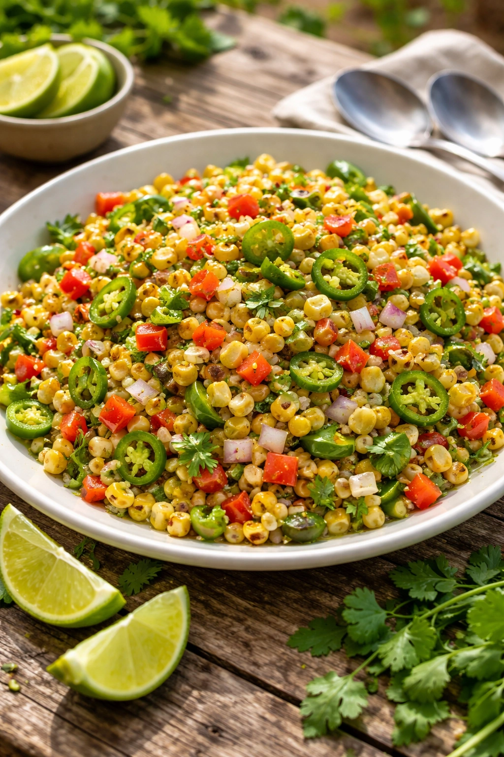 Close-up of charred corn and jalapeño salad on plate with lime vinaigrette