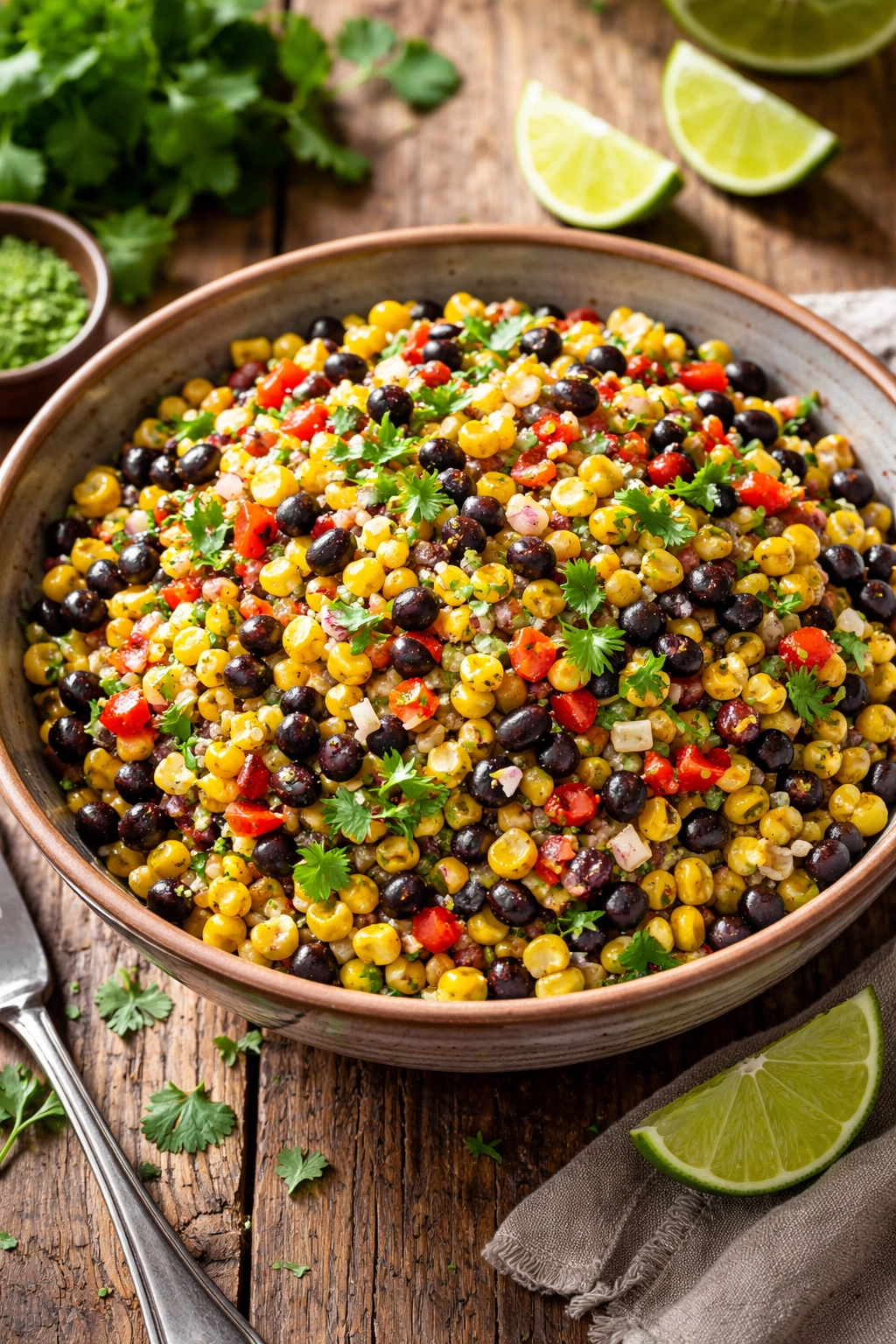 Charred corn salad with black beans and lime dressing in a rustic bowl