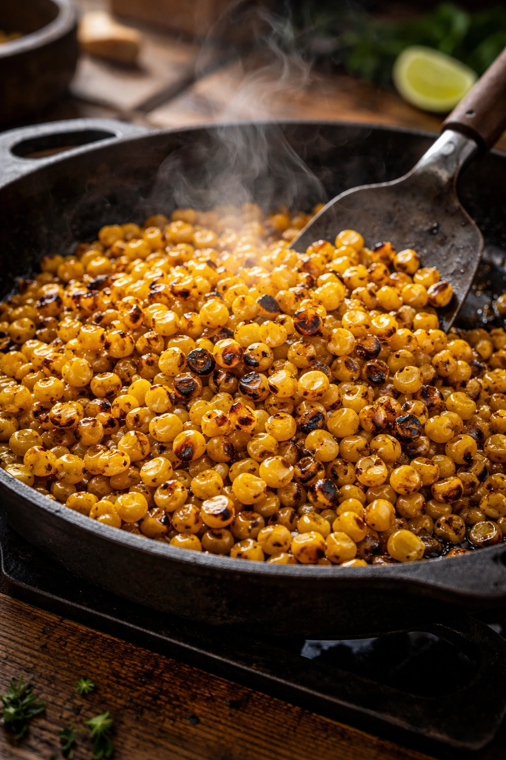Close-up of charred corn kernels in a hot skillet with dark grill marks