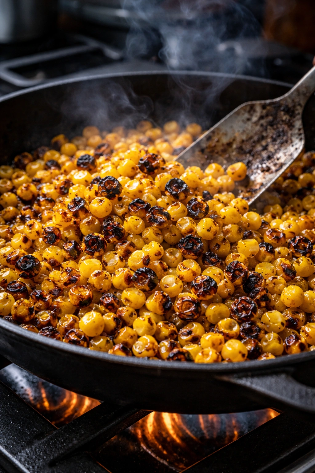 Close-up of charred corn kernels in a skillet with dark, smoky background