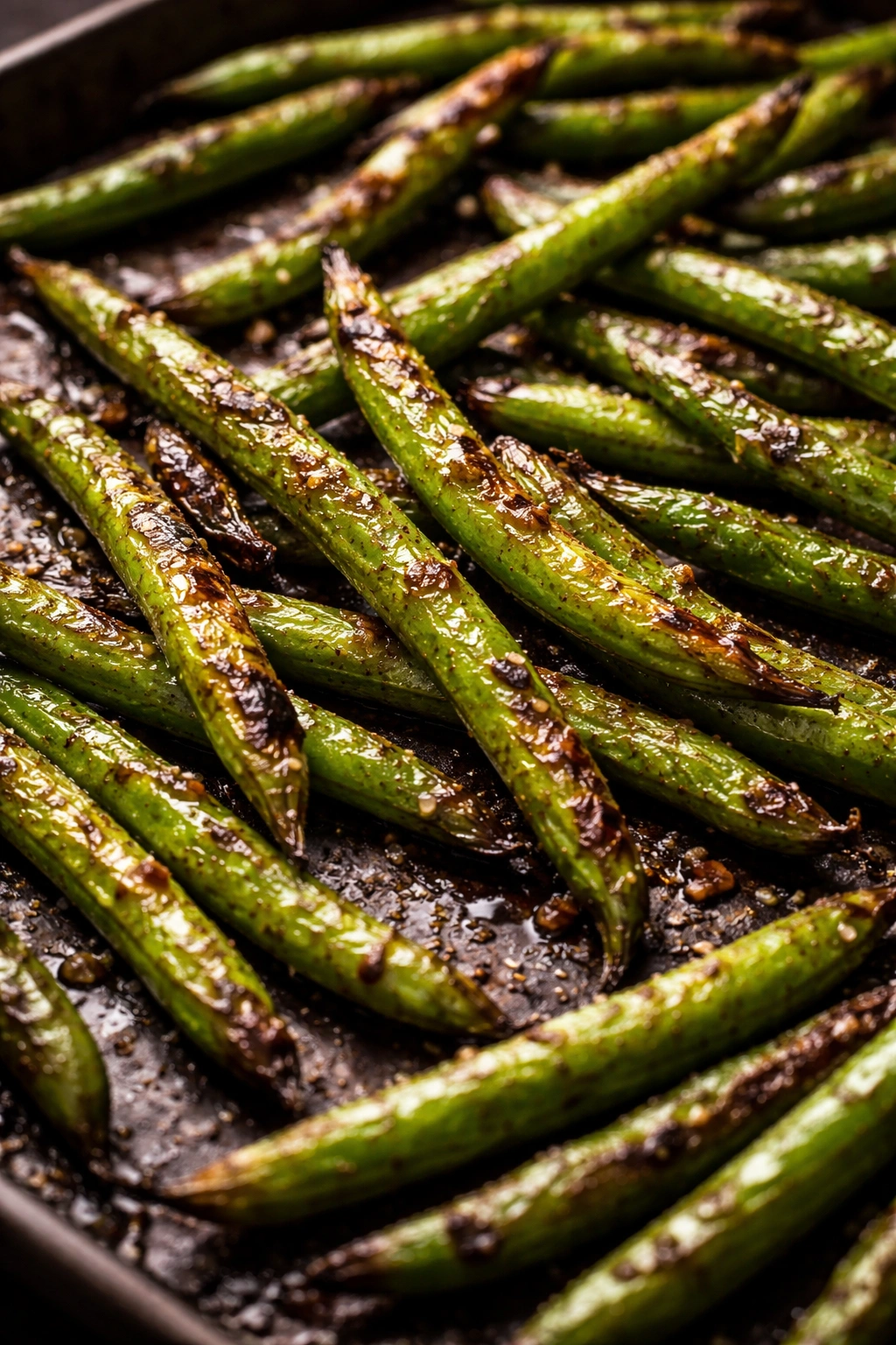 Macro shot of charred crispy green beans with crisp texture