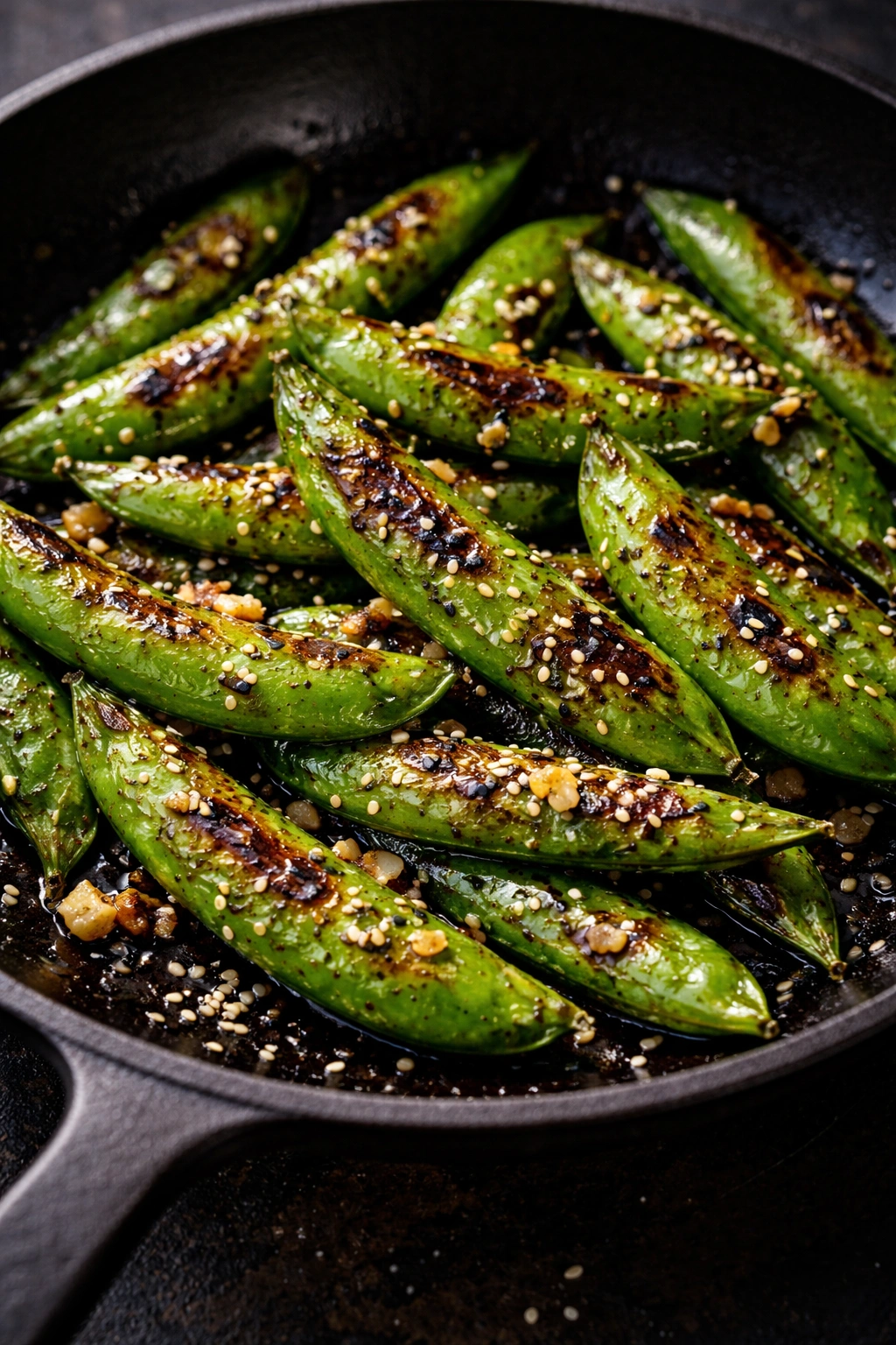 Charred snap peas with garlic and sesame on skillet