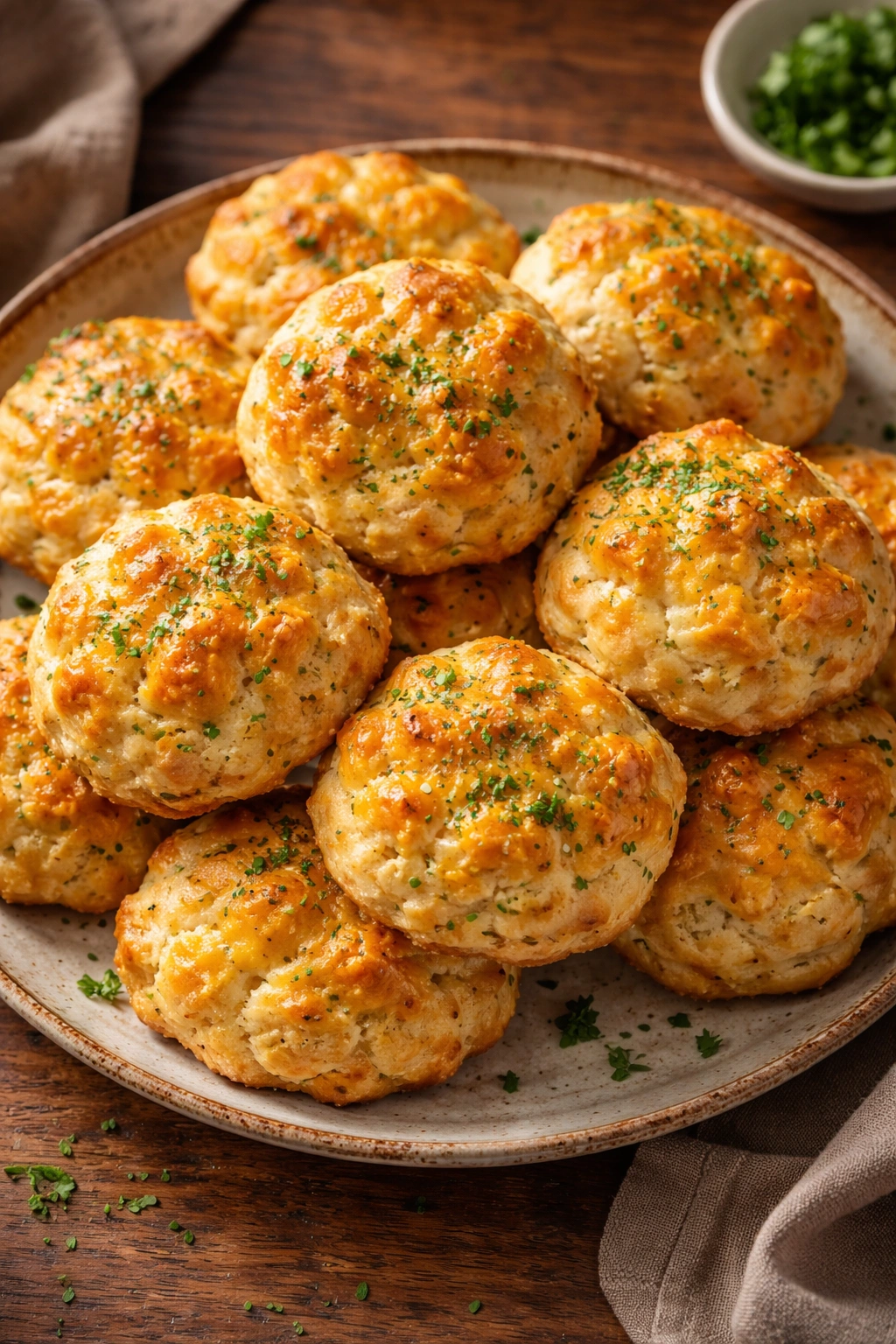 Warm cheddar bay biscuits with herb butter on a rustic plate