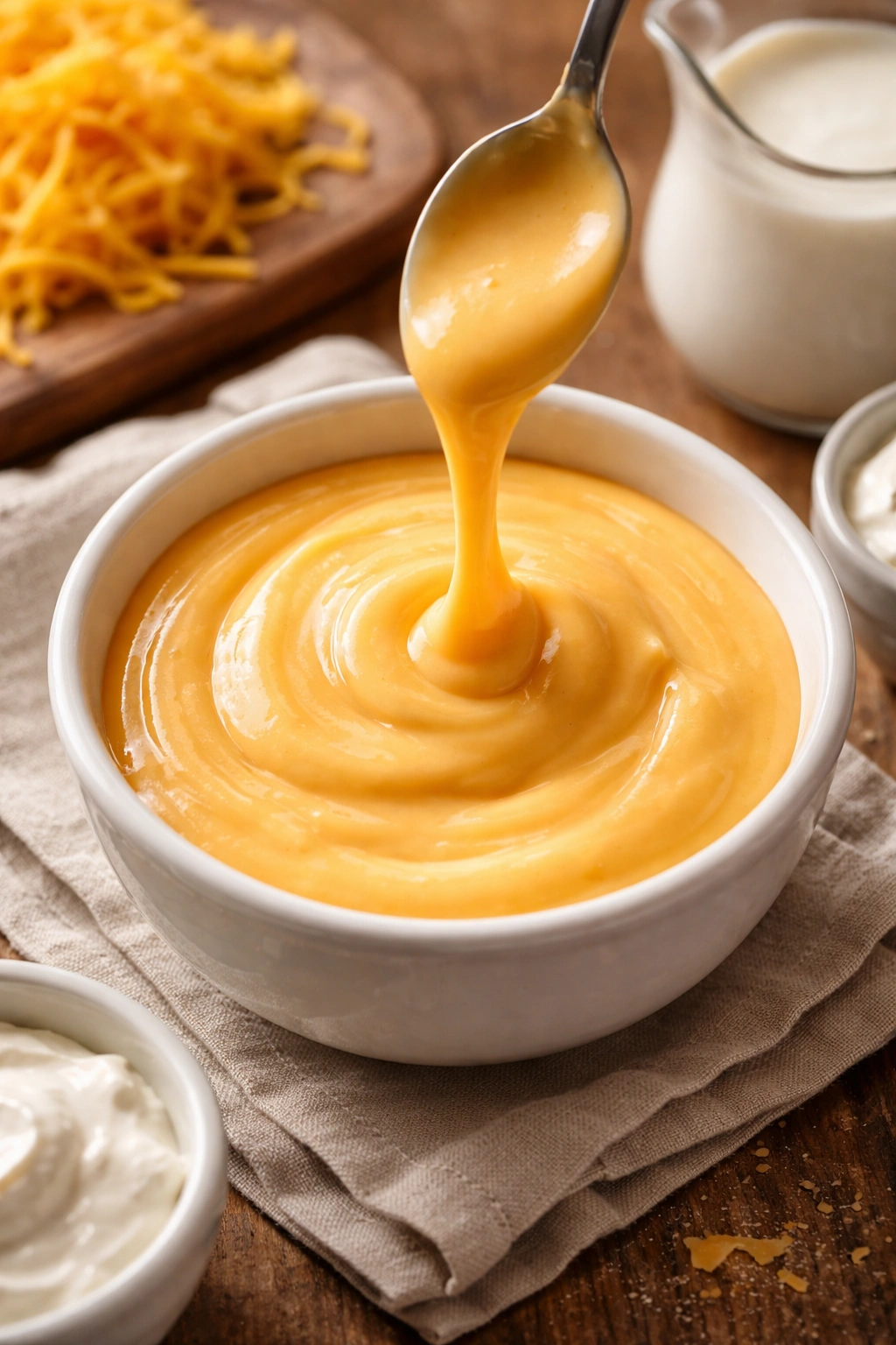 Glossy cheddar cheese sauce in a small bowl, rich creamy finish