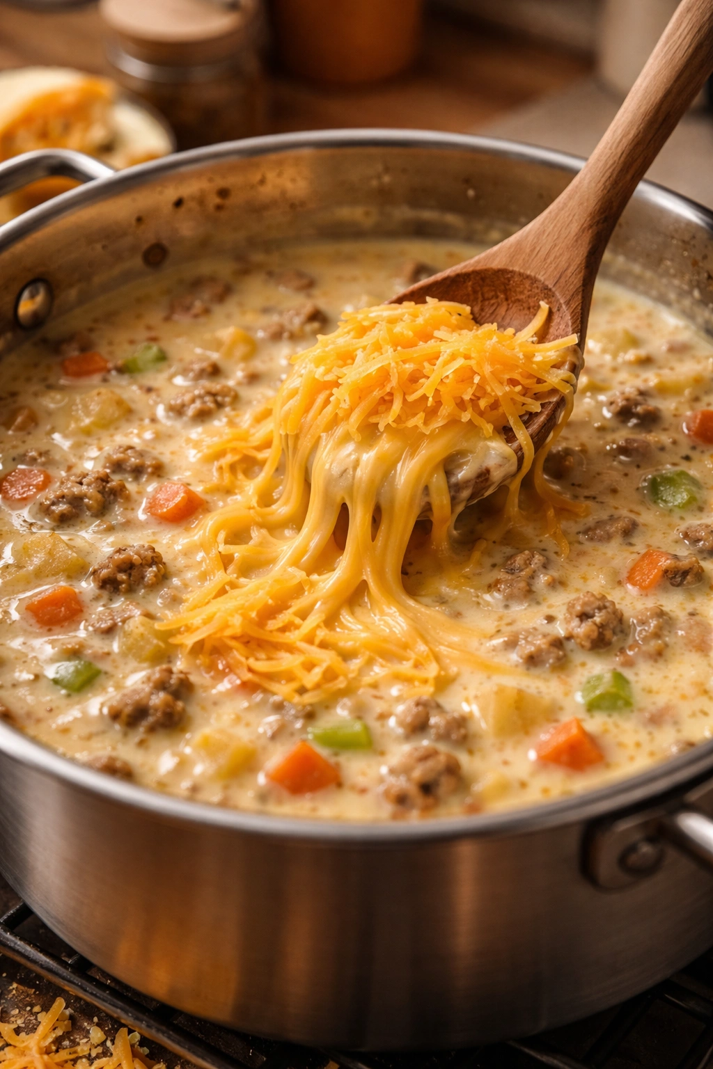 Off-heat pot with cheddar being stirred into creamy soup