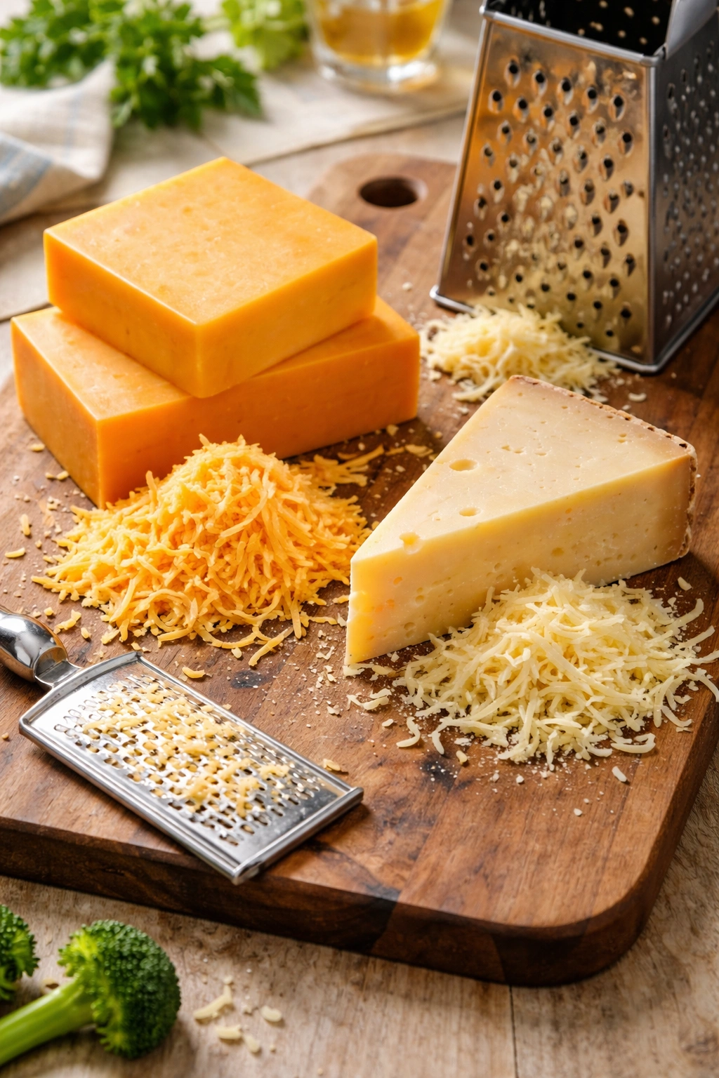 Sharp cheddar and gruyere cheeses on a cutting board