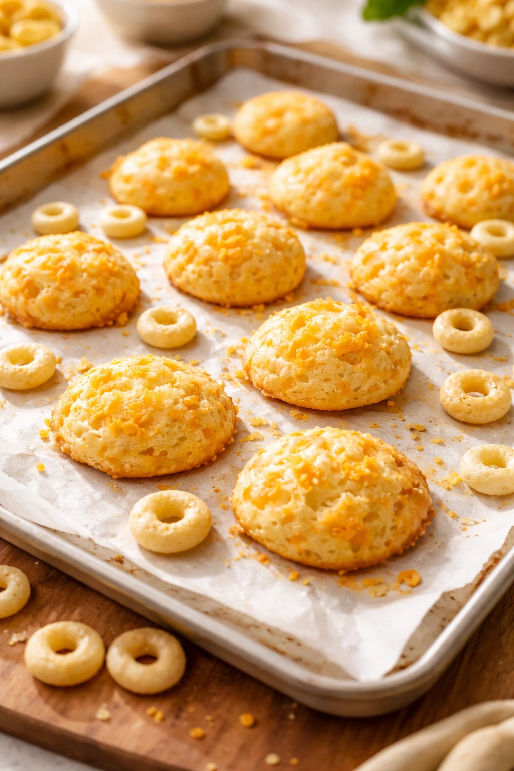Close-up of golden cheddar cheese puffs on parchment in a home kitchen