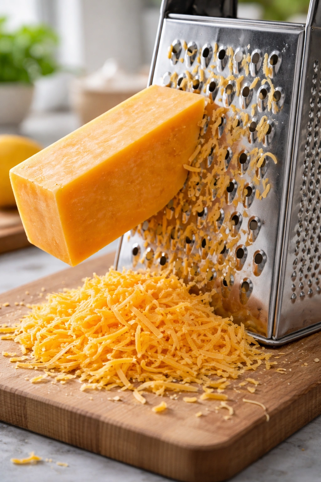 Block cheddar being freshly grated with a box grater