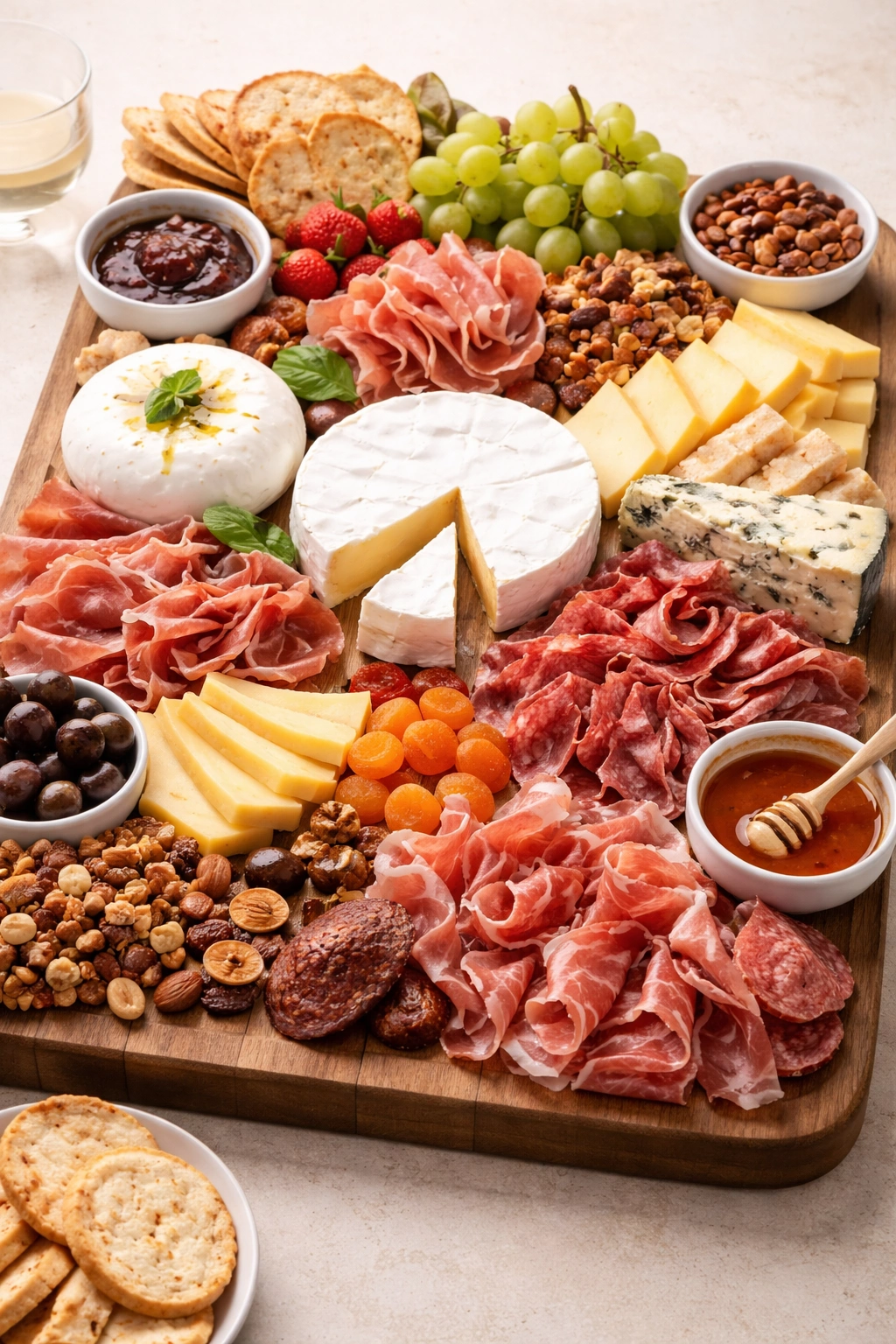 Grazing board with cheeses, meats, and fruit arranged in sections
