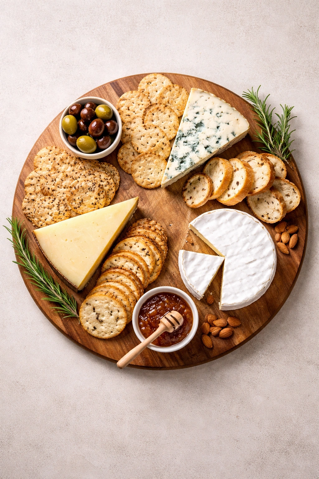 Top-down view of a cheese board with three cheeses and cracker clusters