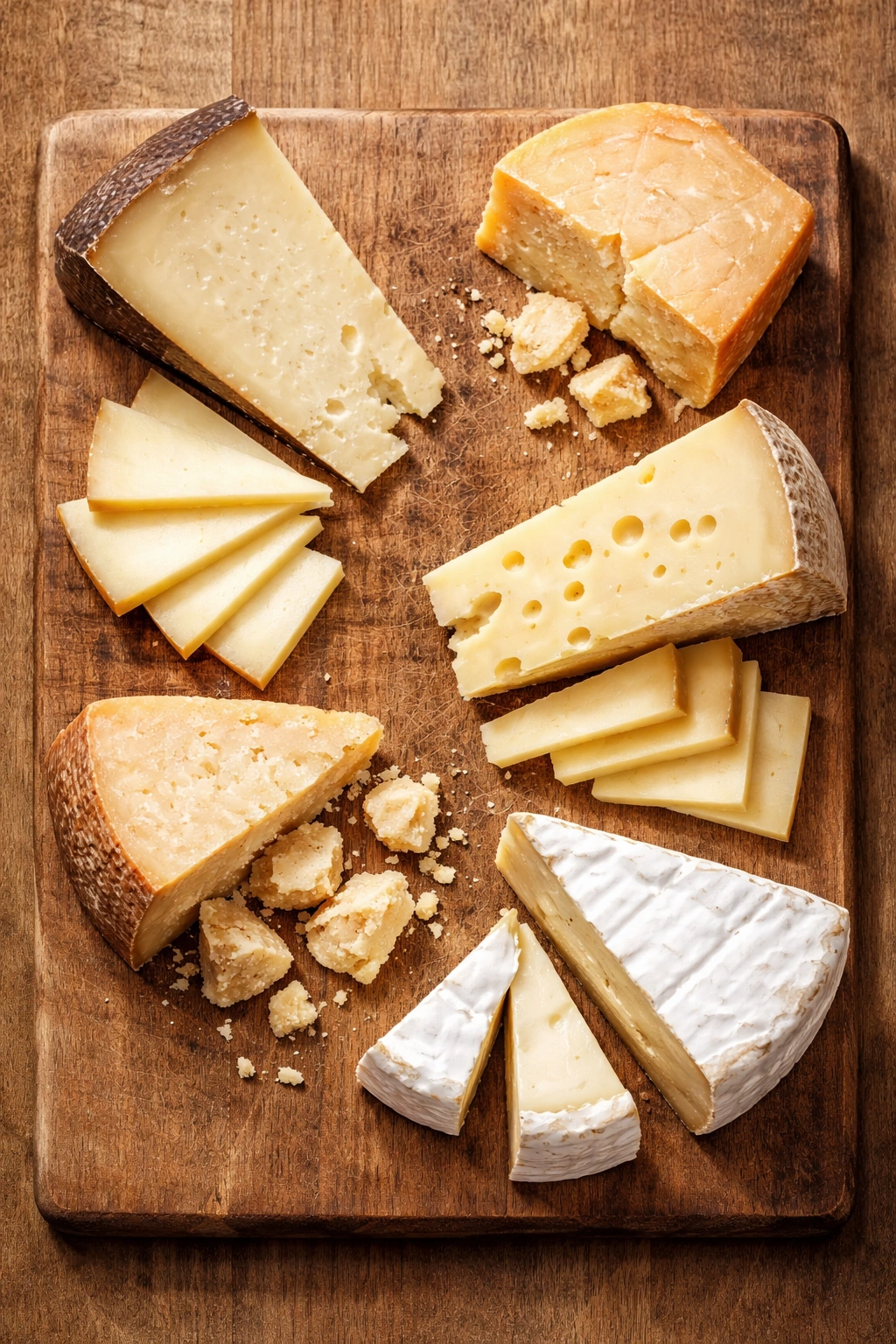 Assorted hard and soft cheeses arranged on a board