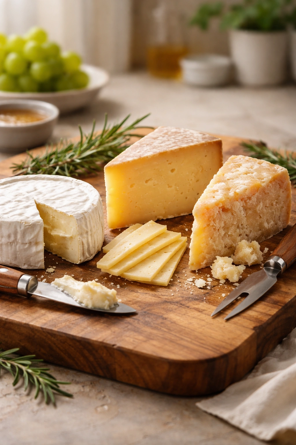 Three cheese varieties on a board with knives.