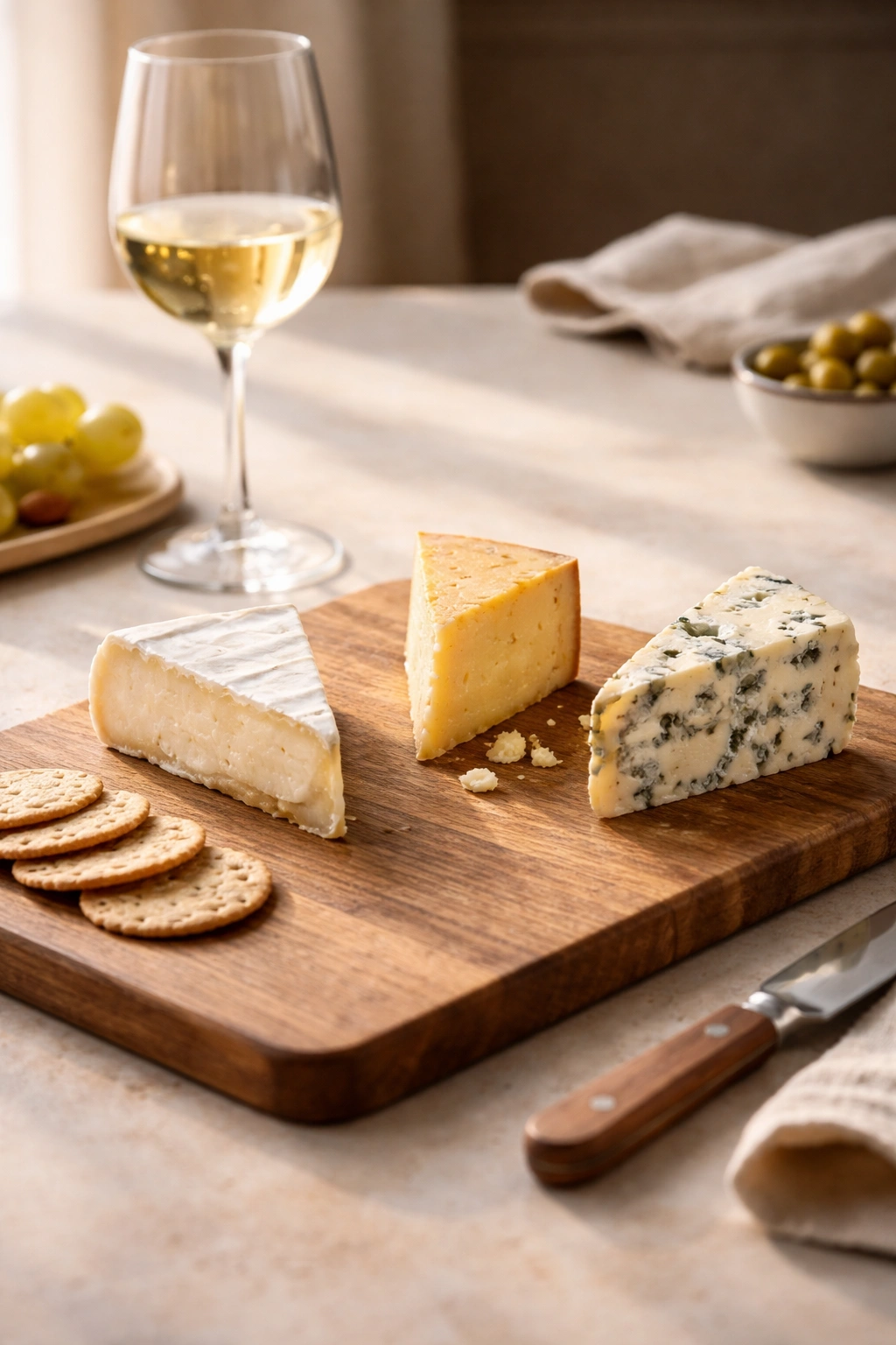 Minimal cheese board with three cheeses, wine, and crackers illustrating key takeaways for a first-time board