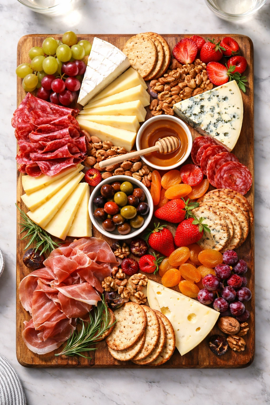 Cheese and charcuterie board with cheeses, meats, and nuts