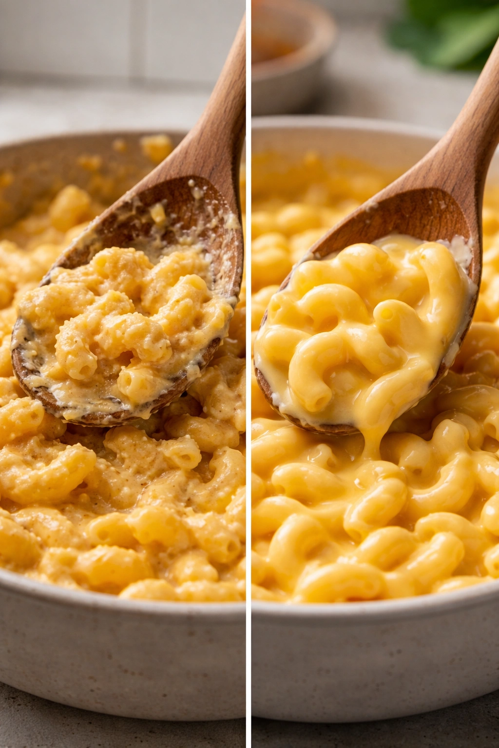 Split-frame showing clumpy cheese sauce contrasted with smooth emulsified sauce