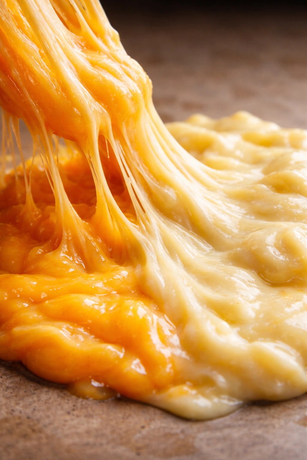 Two cheeses blending into a smooth melted texture