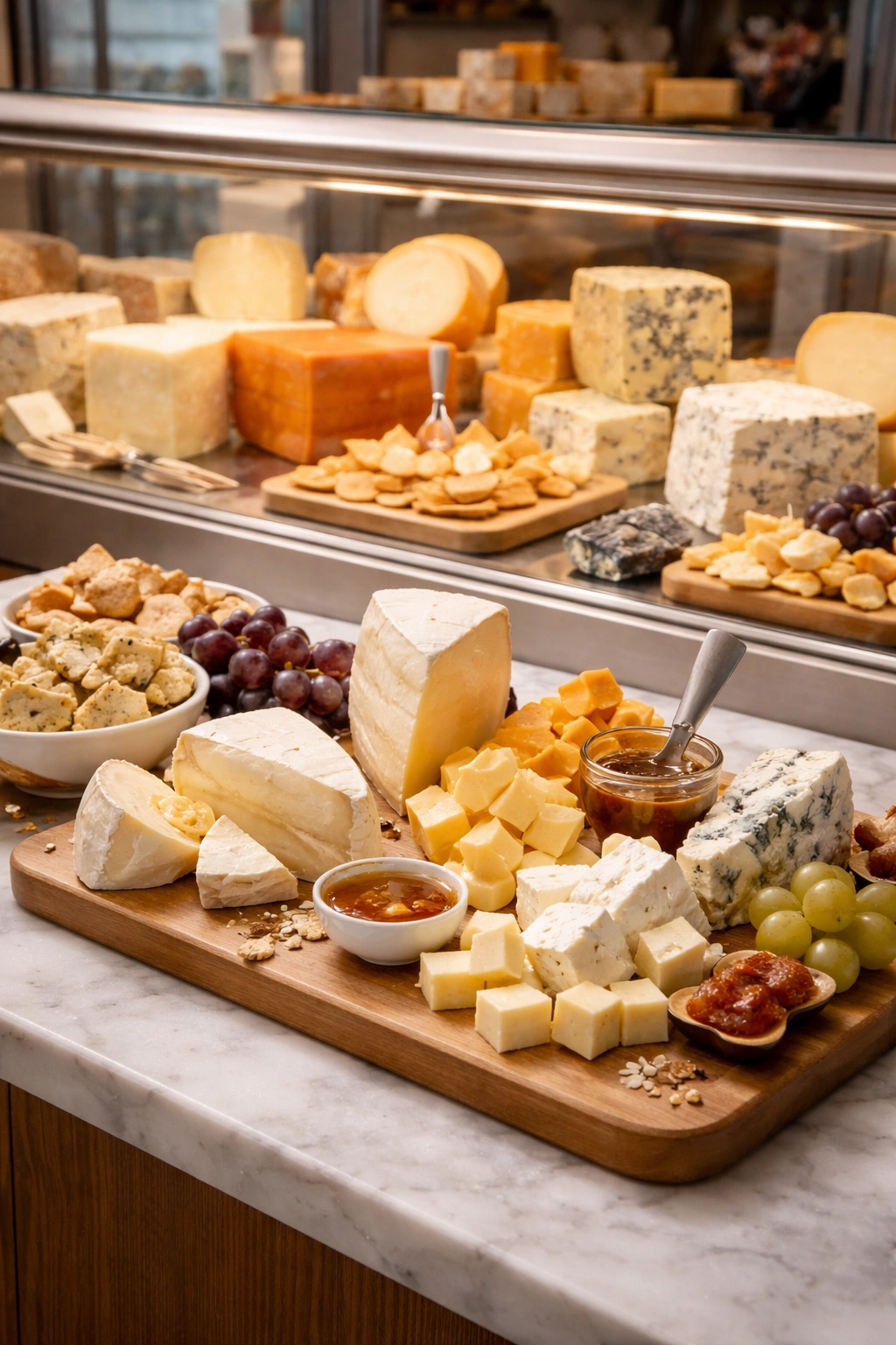 Cheese counter with wedges ready for tasting