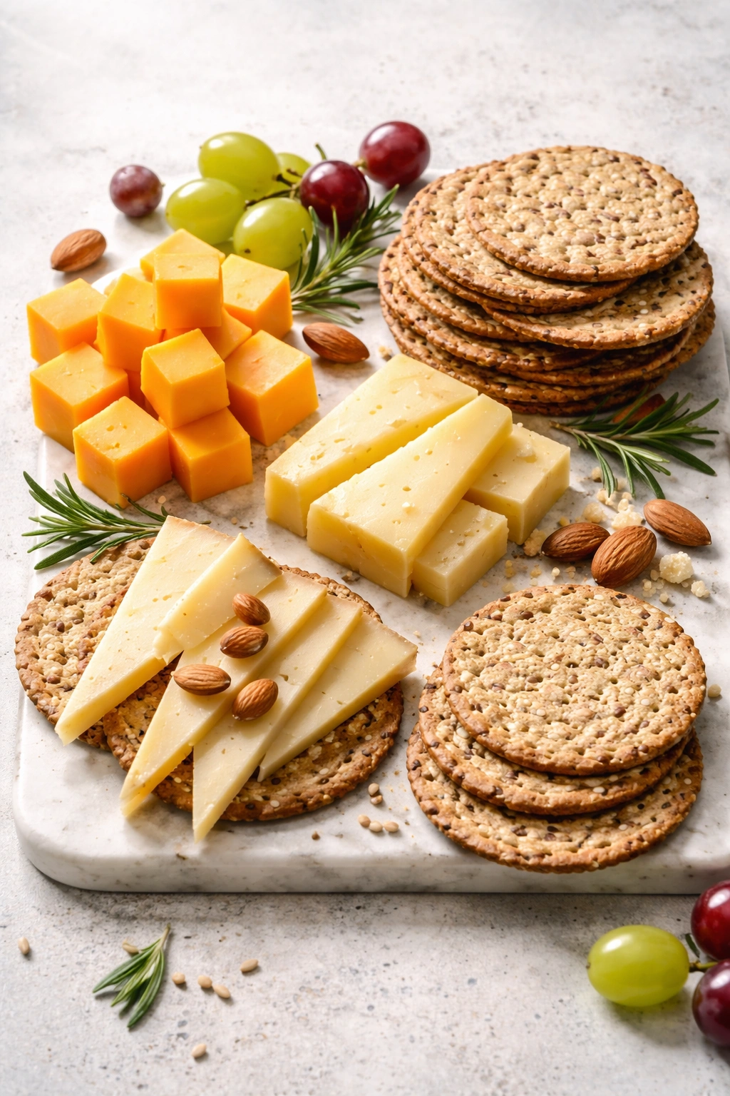 Assorted aged cheeses and crackers arranged neatly for a snack