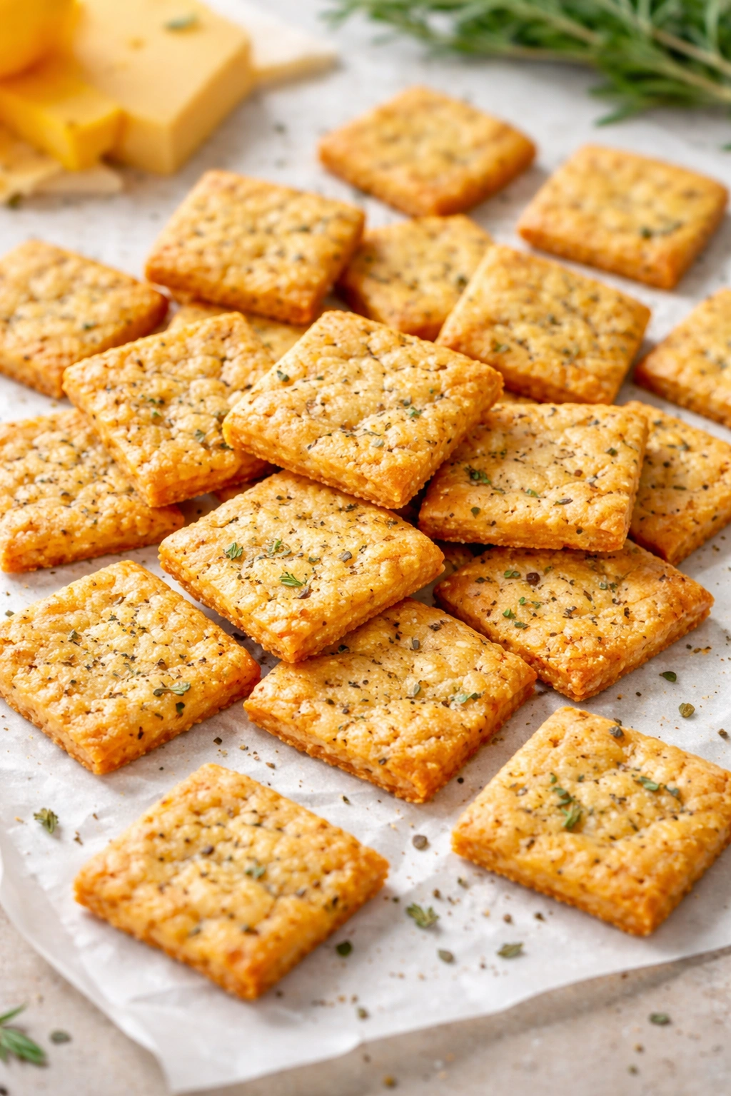 Golden cheese crackers with herbs on neutral background