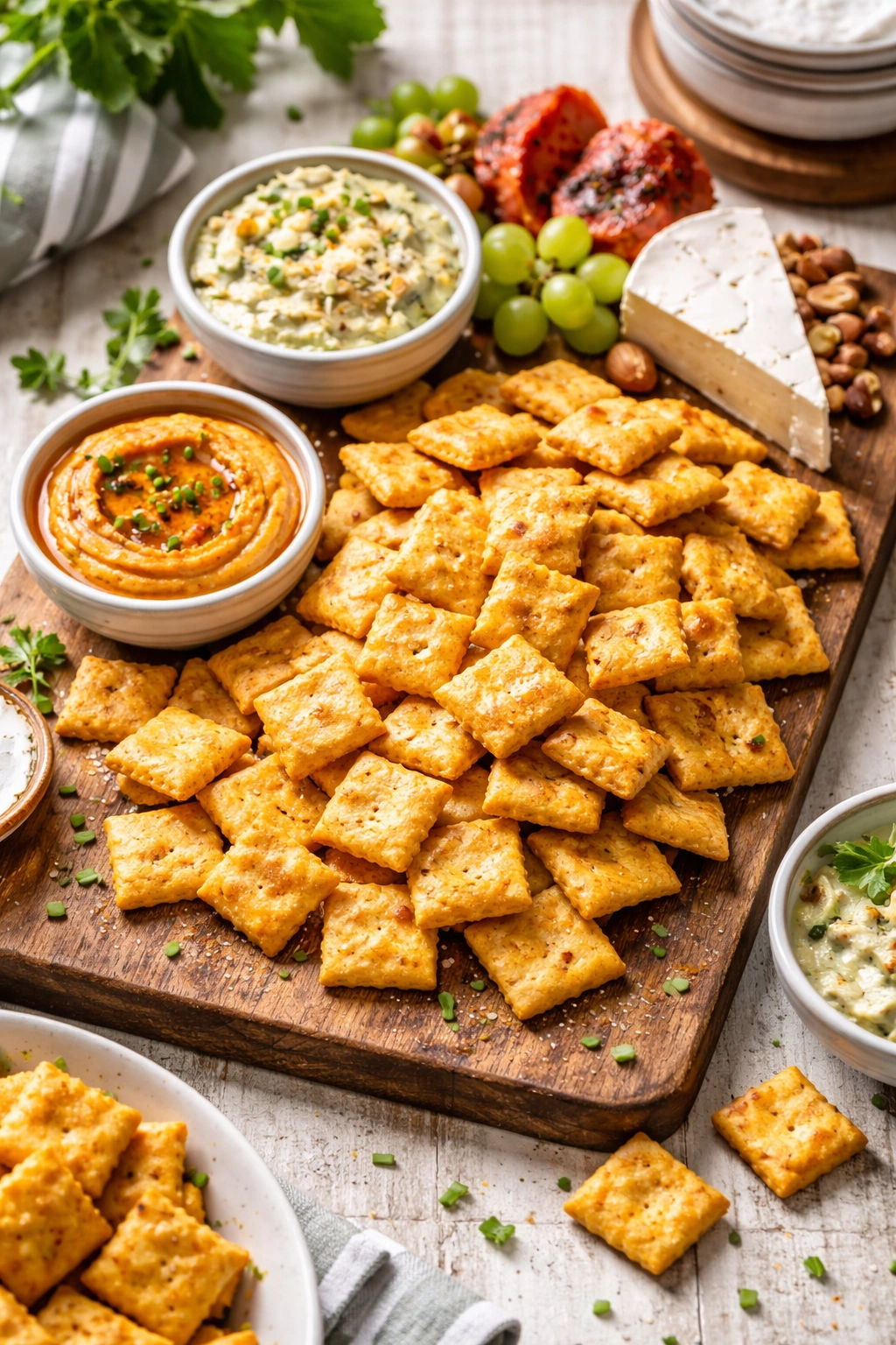 Top-down view of a wooden board with crackers and small bowls of dips for serving ideas