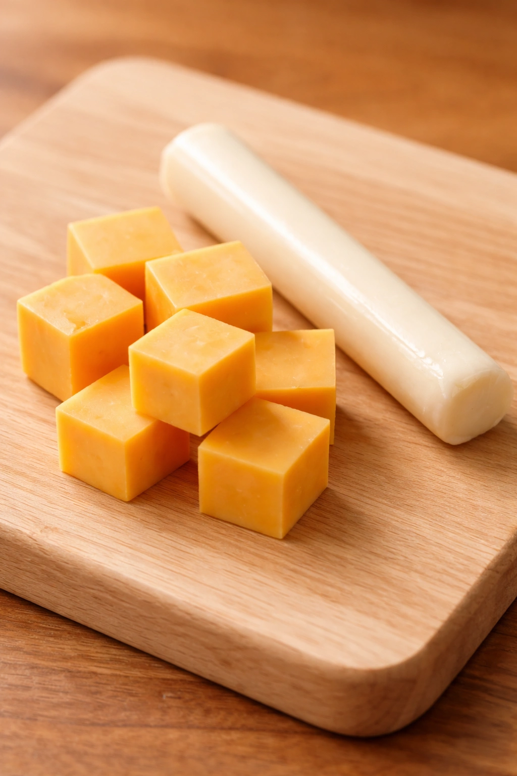 Cheese cubes with a string cheese on a wooden board