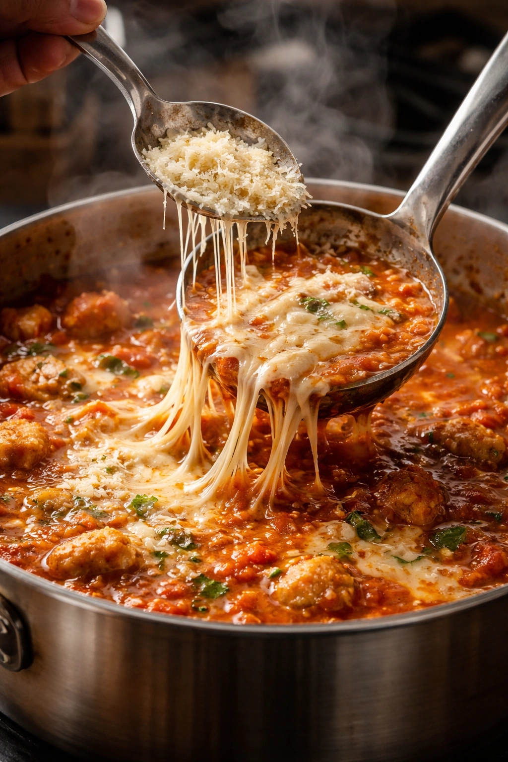 Close-up of silky cheese melding into hot soup with mozzarella strands and Parmesan addition