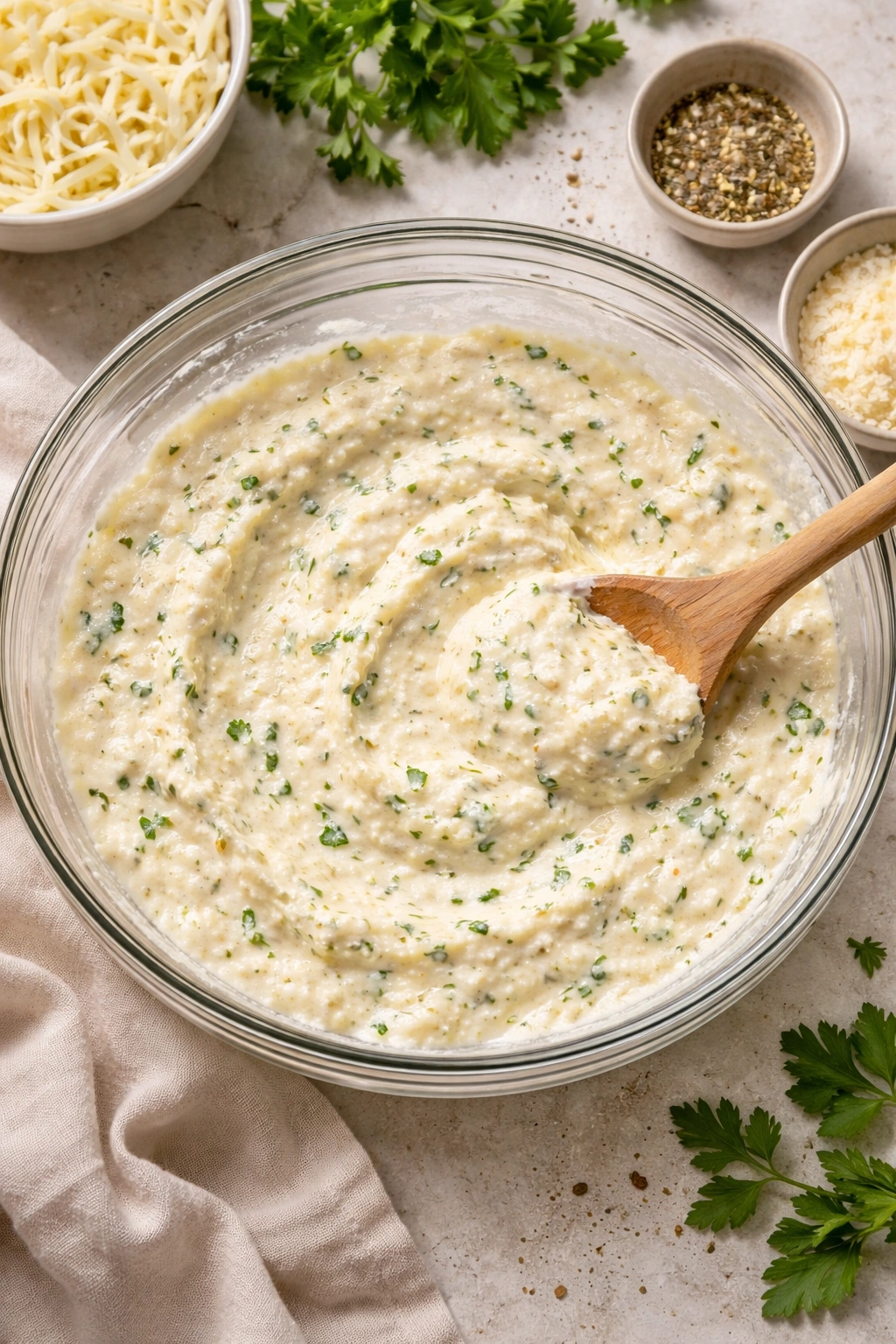 Creamy cheese filling with ricotta and Parmesan in a bowl
