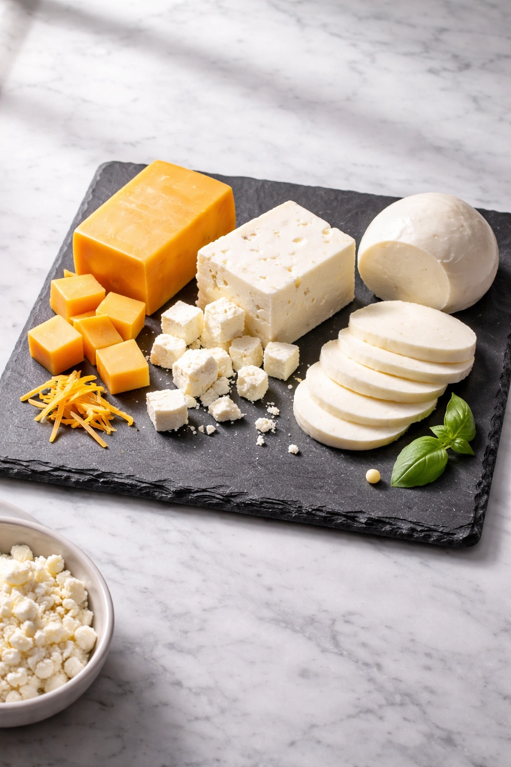 Assorted cheeses cheddar feta mozzarella on a slate board