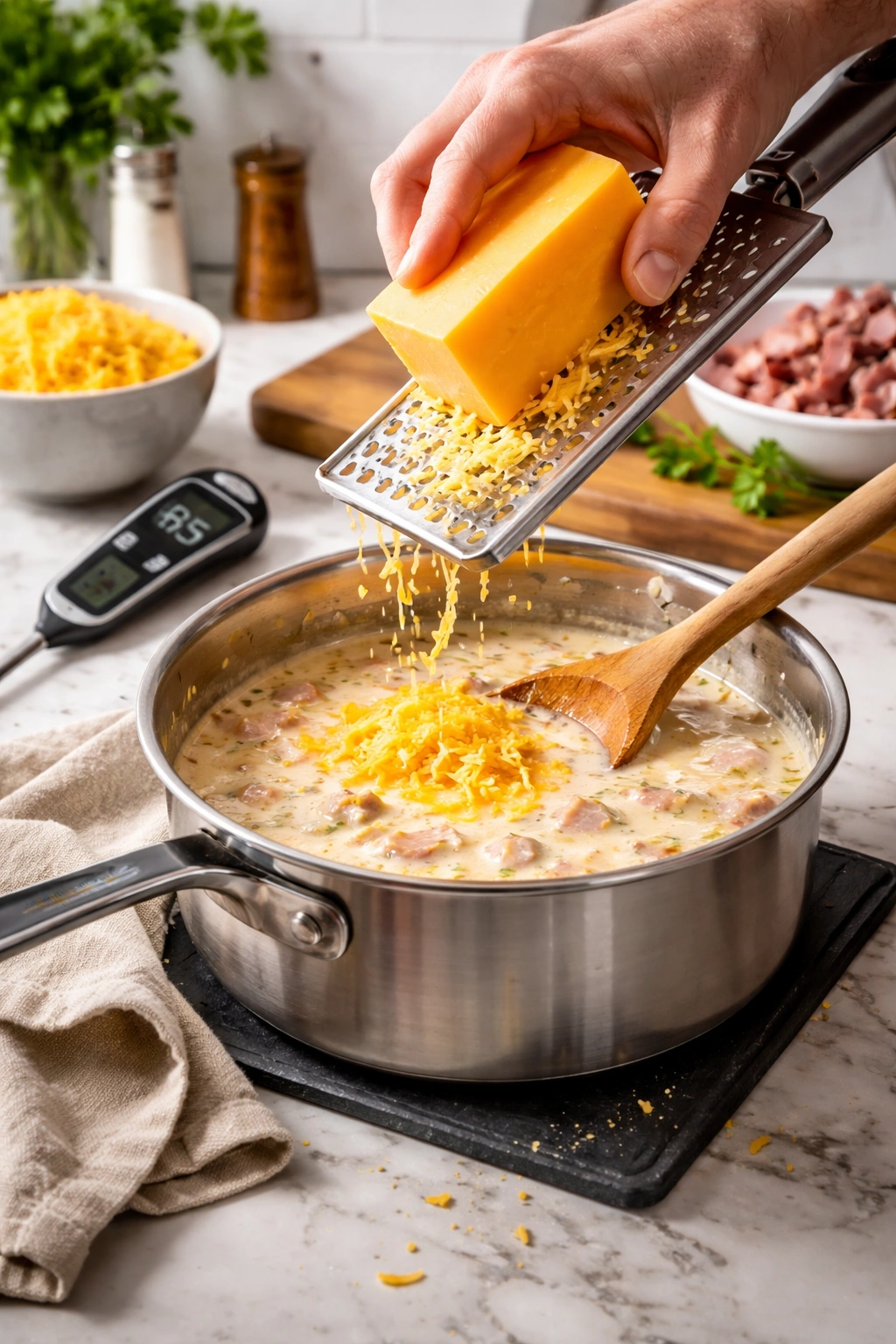 Block of cheese grated into a sauce with a thermometer nearby illustrating pro tips.