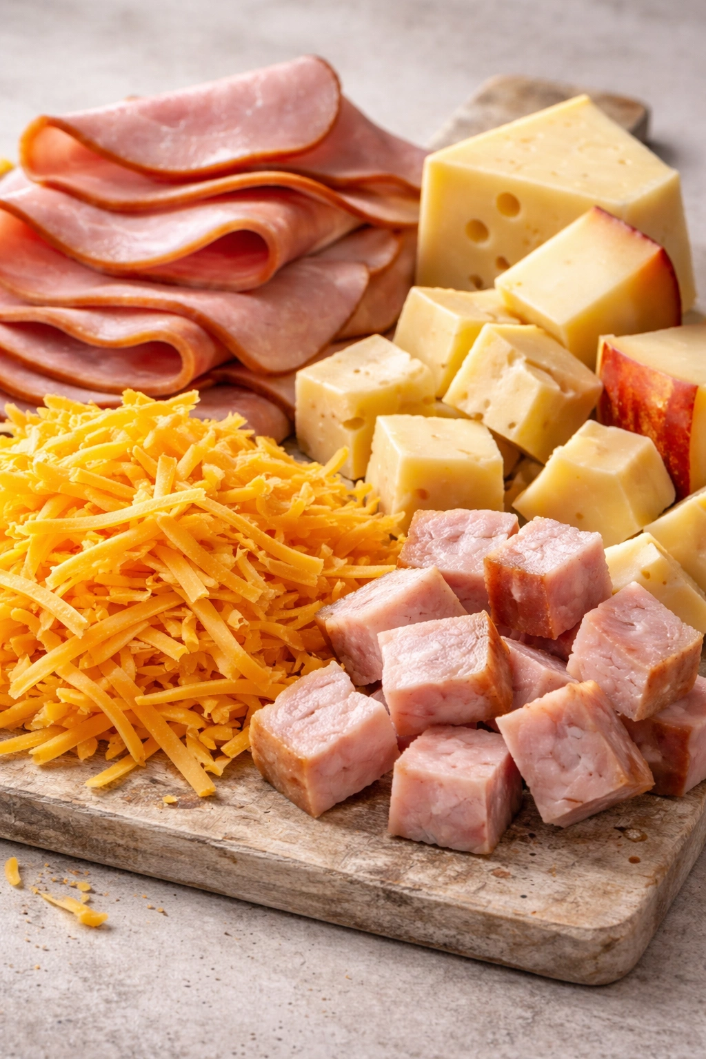Close-up of cheddar, Gruyere, Gouda cheese with ham slices