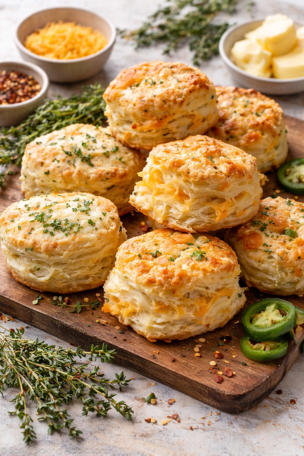 Herb and cheese biscuit close-up with visible pockets