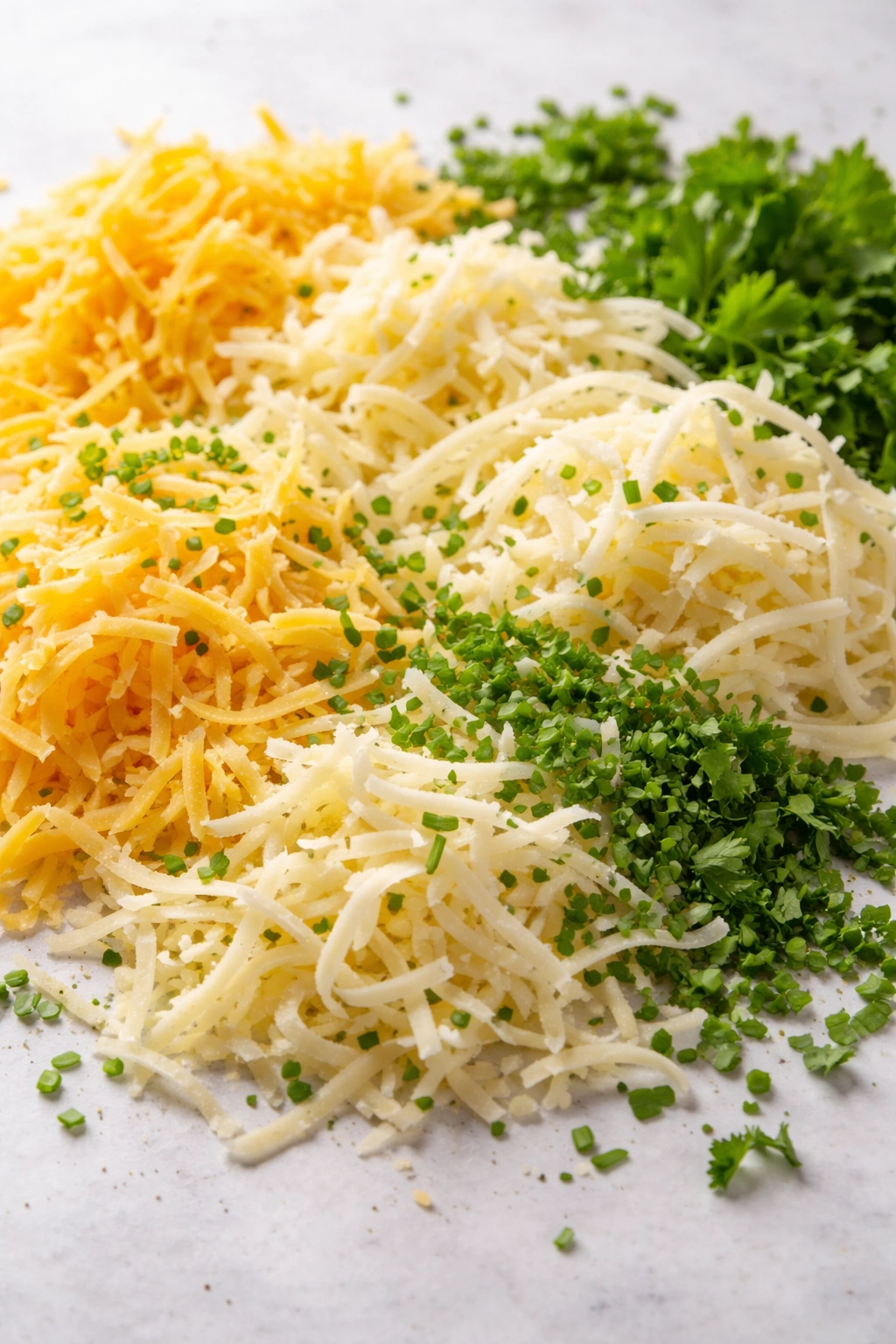 Close-up of shredded cheeses with fresh herbs for seasoning
