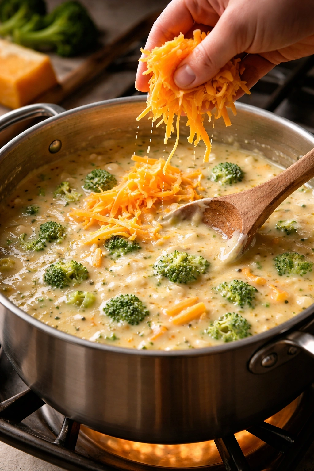 Cheddar cheese being melted into soup off heat into a smooth emulsion