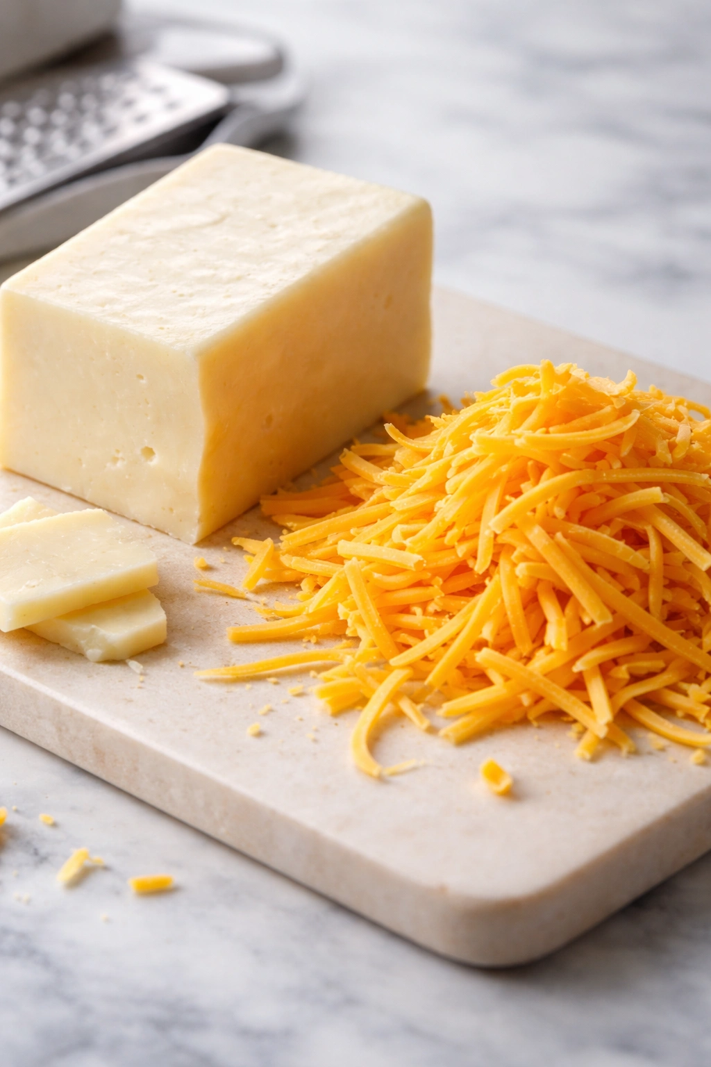 Block Monterey Jack with shredded cheddar for melt texture