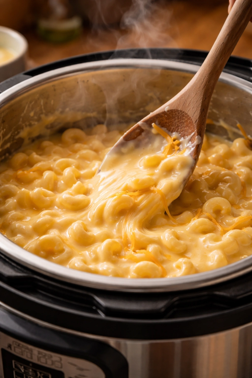 Glossy creamy cheese sauce being stirred into pasta inside the Instant Pot