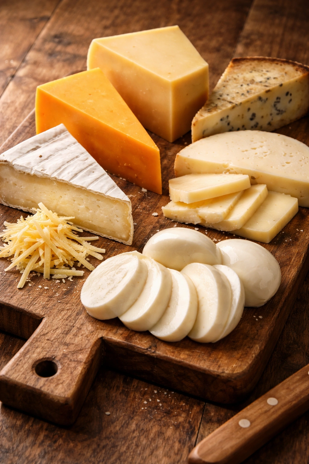 Boards of cheddar brie Gruyère and mozzarella on a wooden board