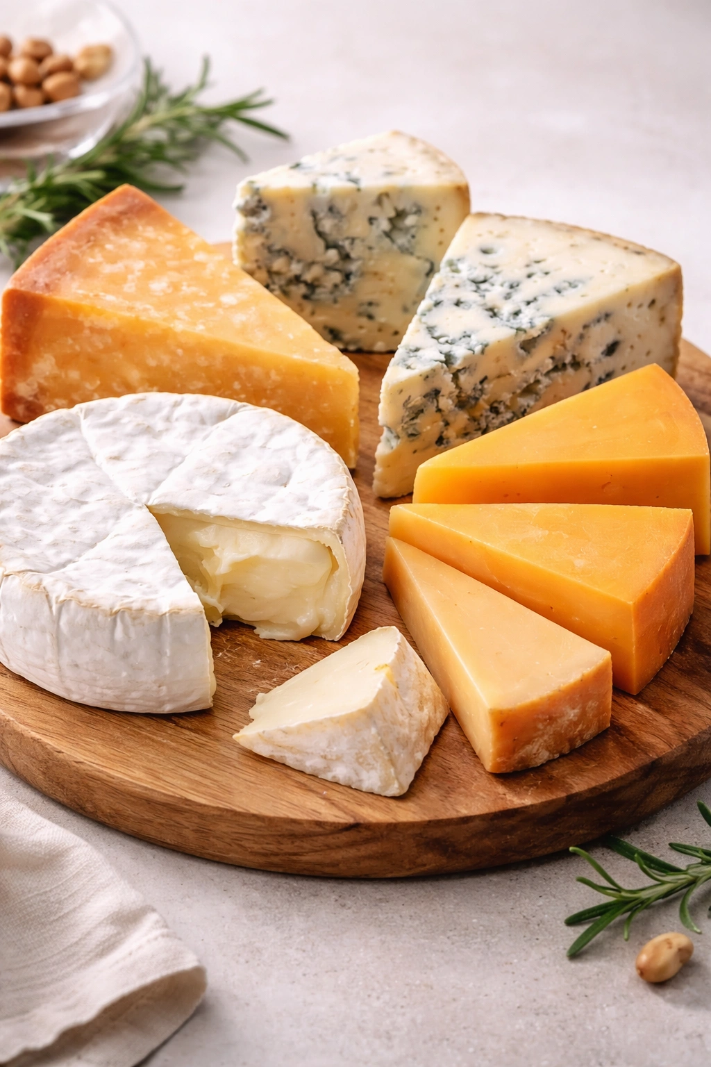 Cheese varieties on a board displaying creamy, firm, and blue textures for grazing