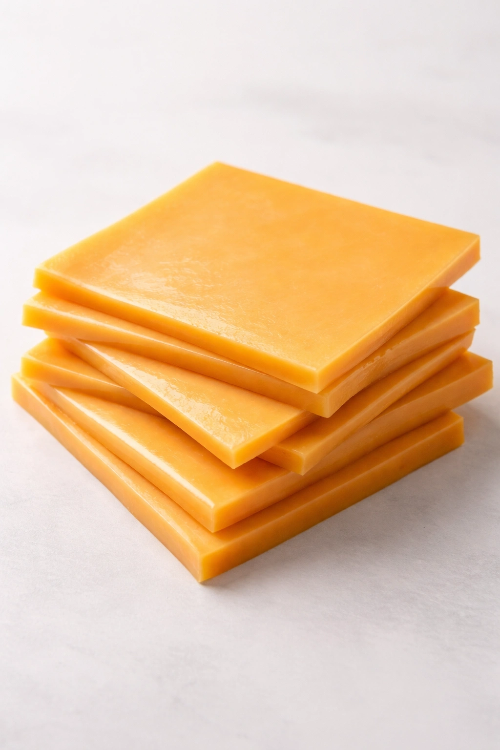 Stack of cheddar cheese slices on neutral background