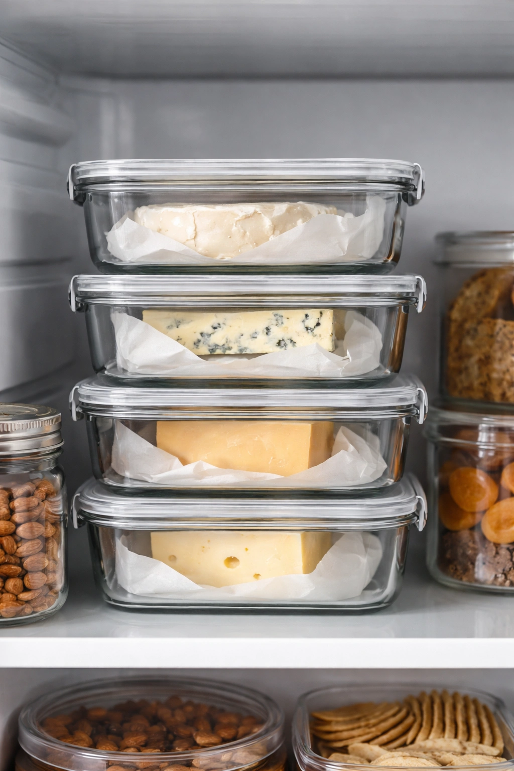 A fridge shelf with airtight containers holding parchment-wrapped cheese, illustrating storage and leftovers