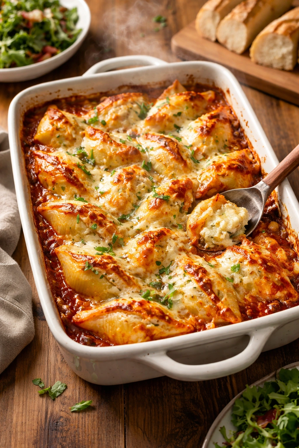 Close-up of bubbling cheese-stuffed shells in a ceramic baking dish on a warm wooden table