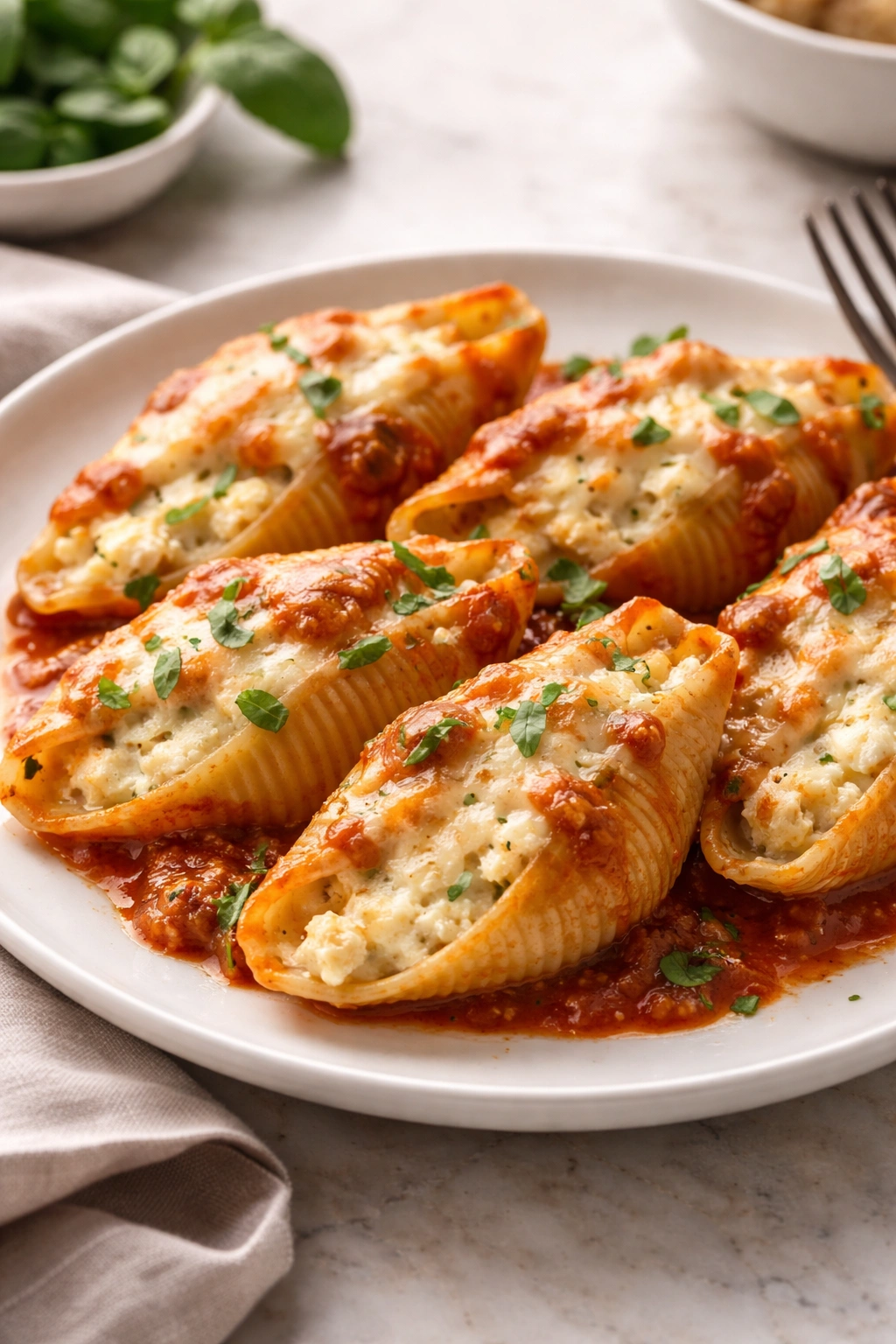 Plated cheese-stuffed shells on a white plate with creamy filling visible