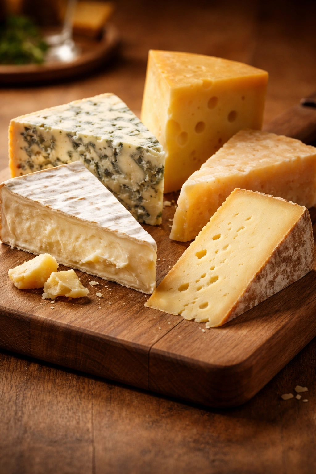 Cheeses on a board bathed in warm light to suggest room temperature