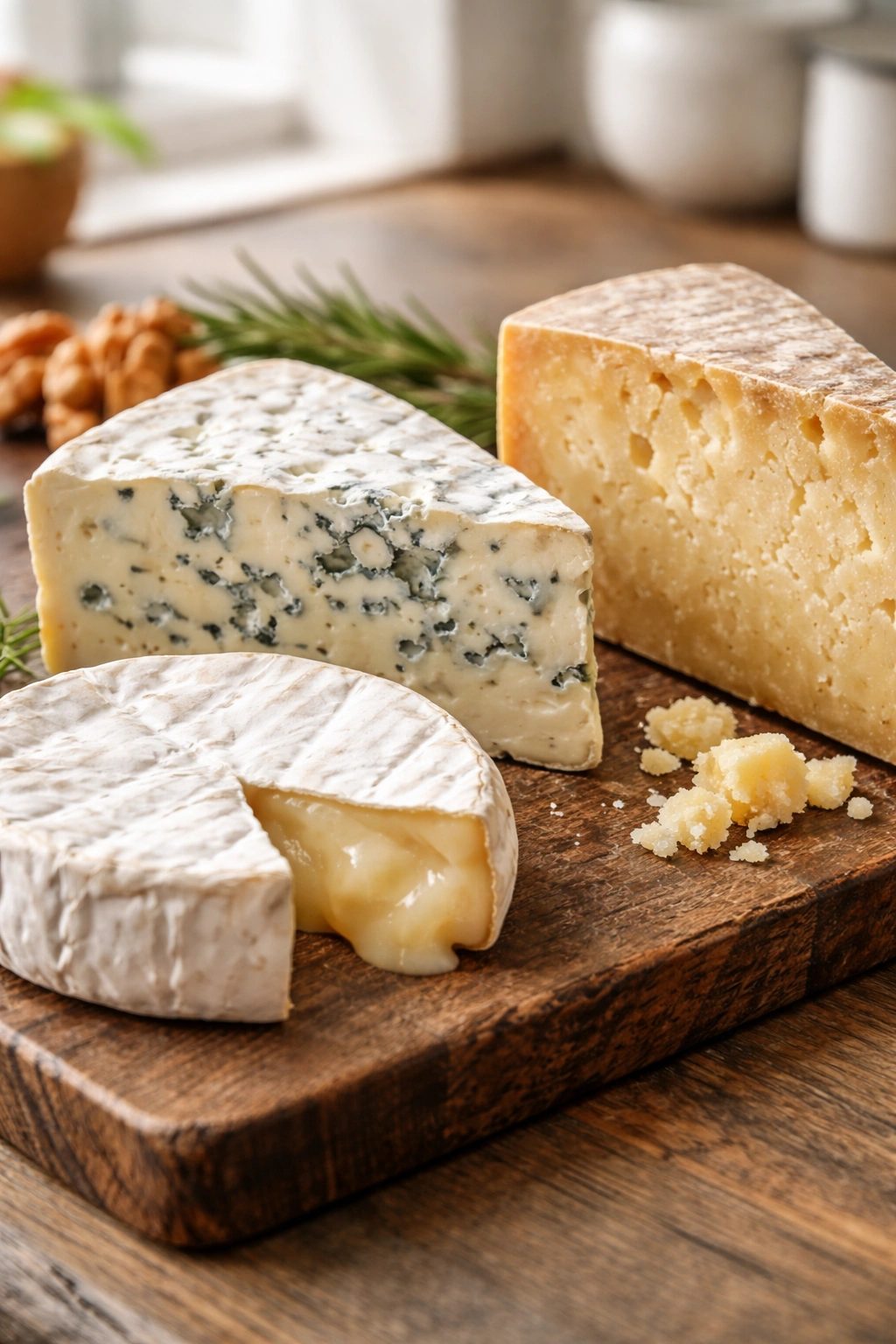 Close-up trio of cheeses showing soft, semi-soft, and hard textures on a wooden board