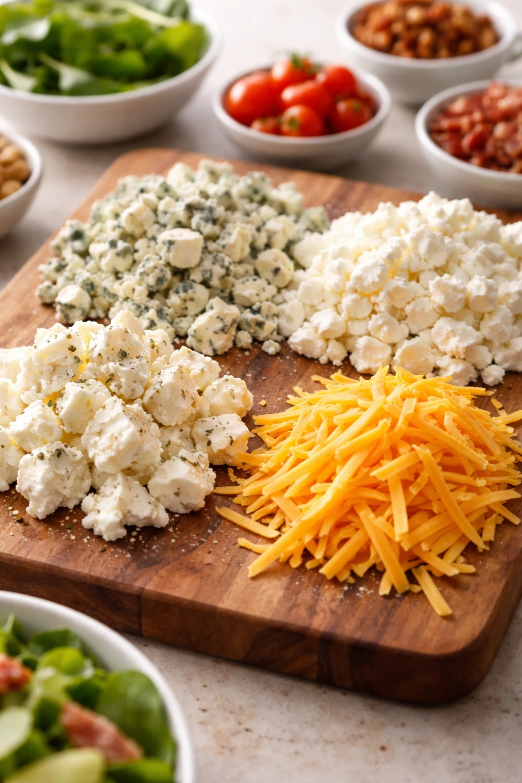Assorted cheese toppings on a wooden board