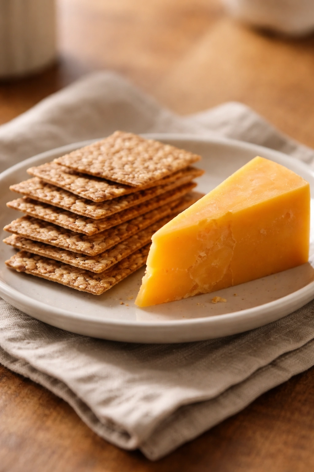 Cheddar cheese wedge with whole grain crackers on a plate