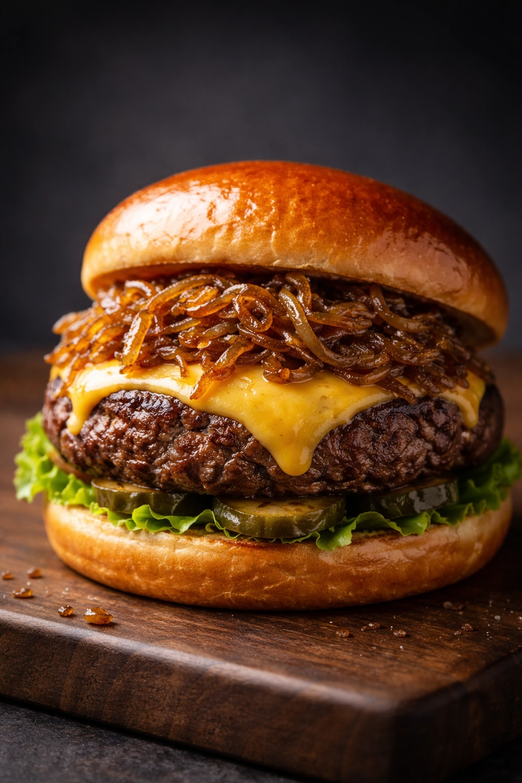 Close-up of a classic cheeseburger with melted cheese and caramelized onions on a glossy bun