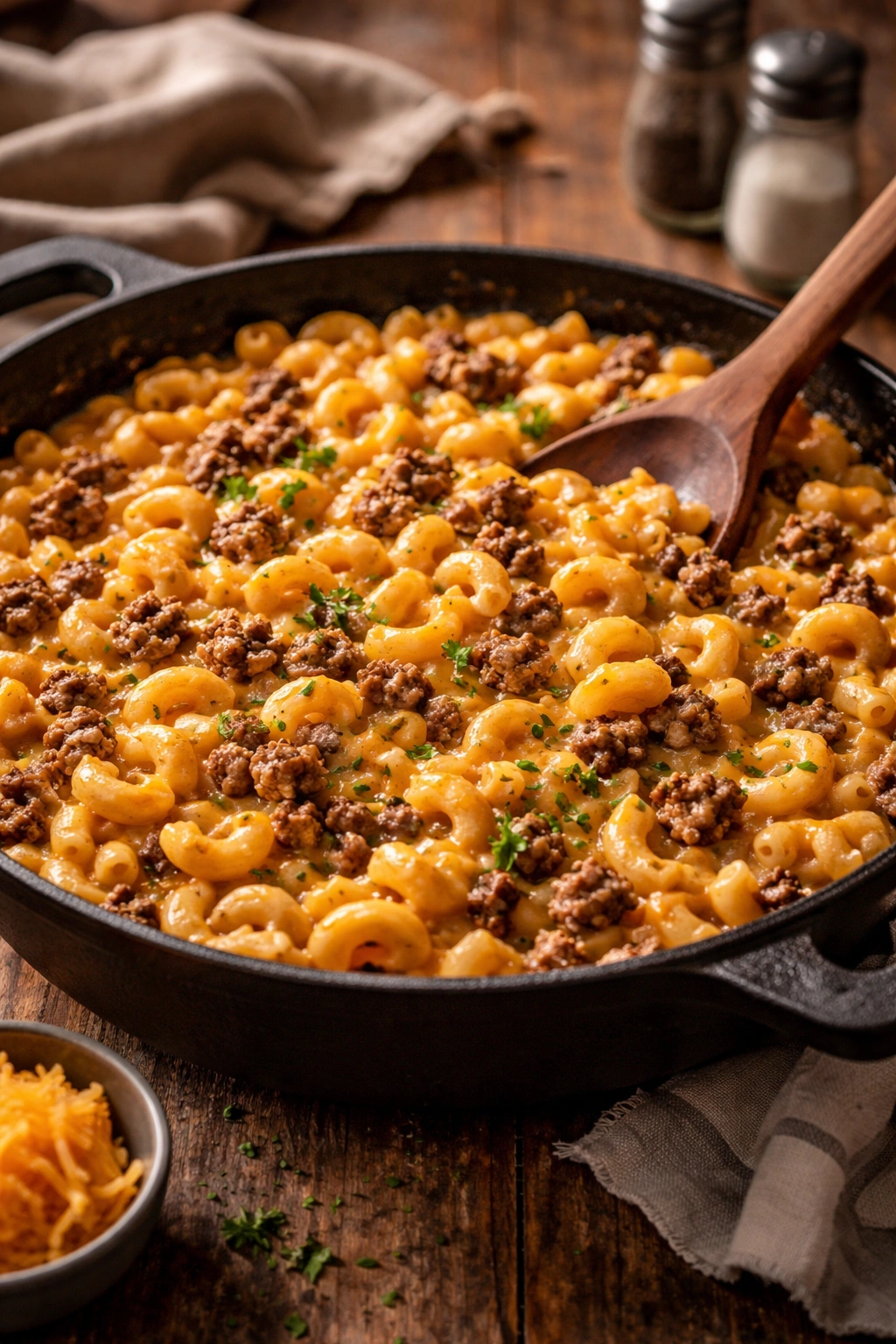 Close-up of cheeseburger pasta in a skillet with ground beef and cheddar sauce